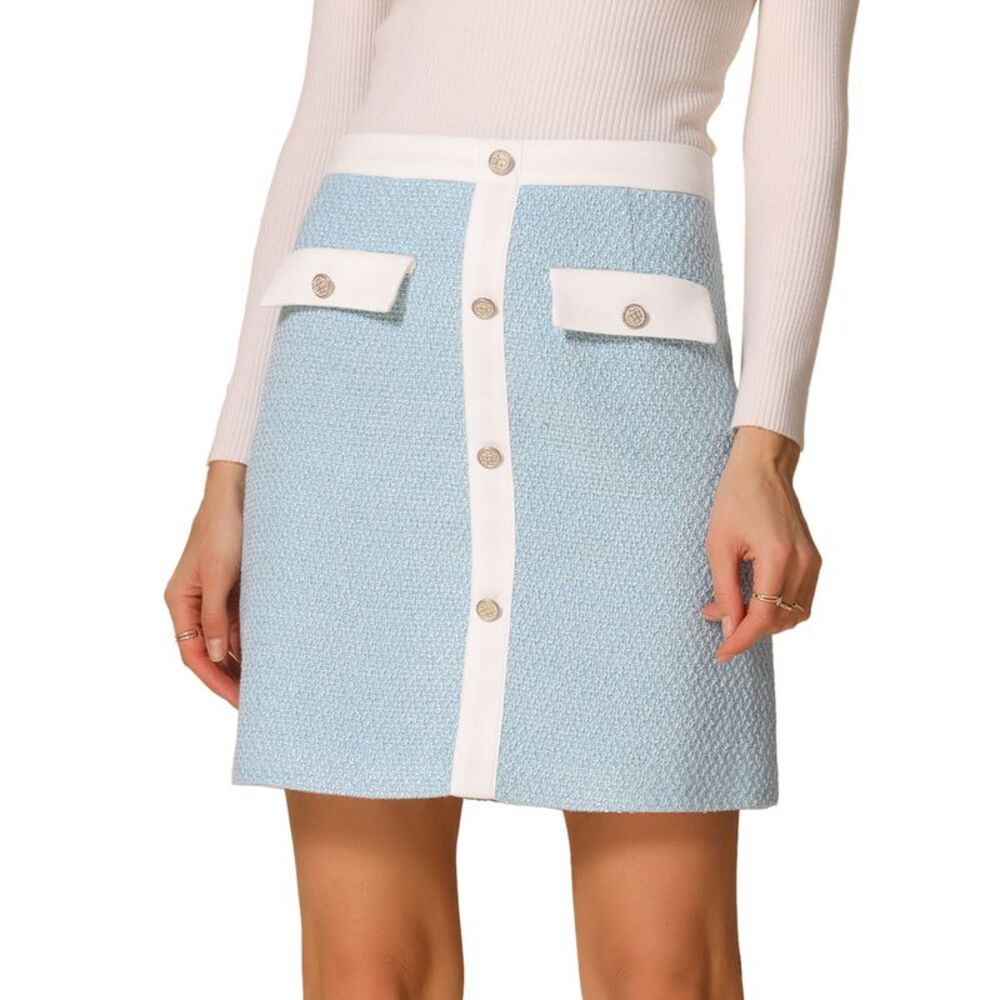 Plaid Tweed Contrast Color Button Business Casual Mini Skirt Light Blue